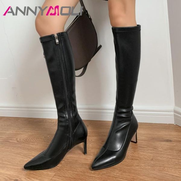 

boots annymoli long women shoes pointed toe stiletto heels knee high zip heel ladies stretch autumn winter 43, Black