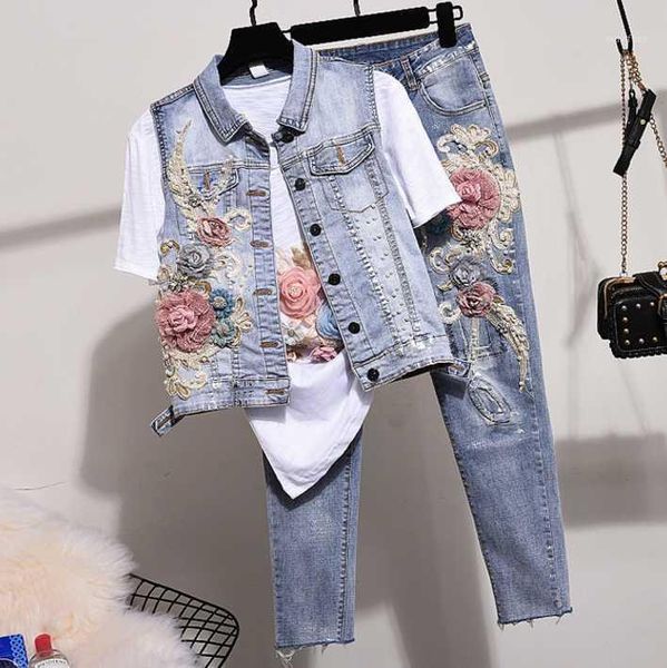 

denim jeans pants set women two piece sets 2020 spring autumn new studded beaded embroidered vest jeans suit waistcoat and1, White
