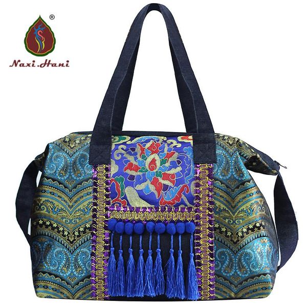 

naxi.hani ethnic denim embroidered bags handmade tassel bags blue shoulder messenger