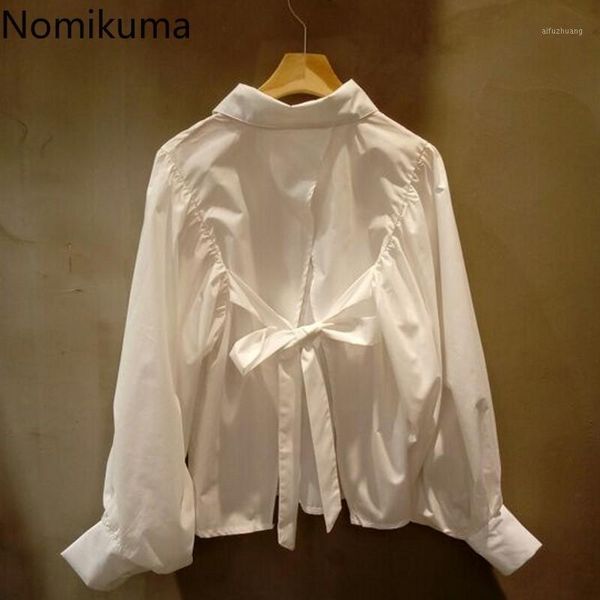 

nomikuma bow-knot split blouse women autumn korean solid single breasted long sleeve blusa shirts fashion casual lady 3c9841, White