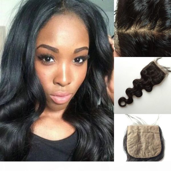 

silk base closure brazilian hair middle 3 part human hair body wave silk closure 4*4 silk lace closure, Black