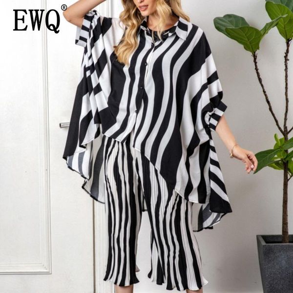 

ewq] 2020 spring summer three-quarter sleeves casual single-breasted striped wave shirt pleated nine-point pants suit 3ac209, Gray