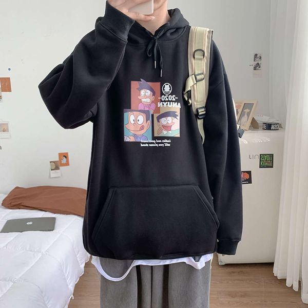 

cartoon printed hooded sweater plush fashion label loose bf men's clothing trend, versatile lovers' autumn wear, Black
