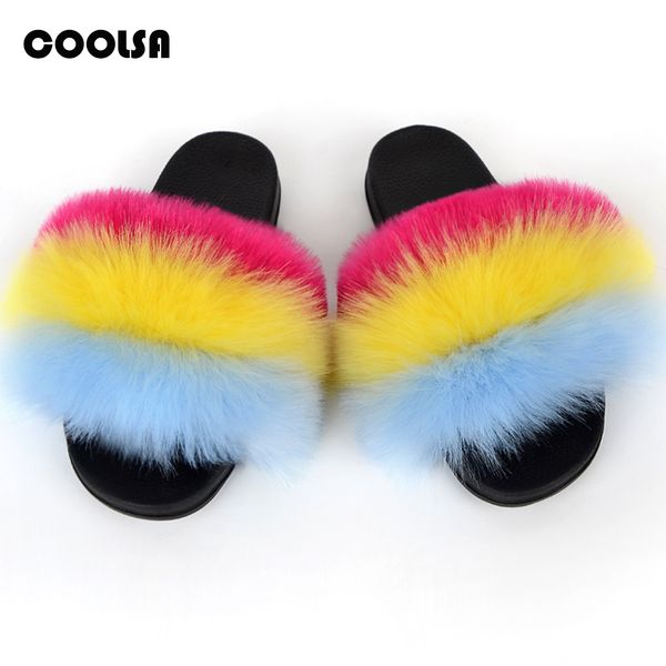 

fluffy mixed color rainbow fox fur slides women fur slippers flat raccoon sandals summer outdoor flip flop ladies cute fur shoes x1020, Black