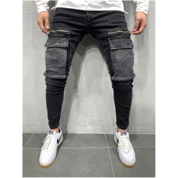 

man big pocket hip hop jeans fashion trend casual zipepr skinny denim sweatpants designer male autumn new teenager slim denim pencil pants, Blue