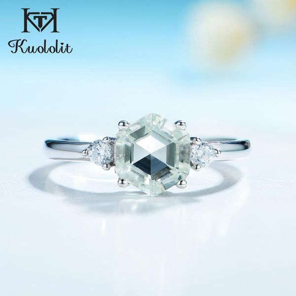 

cluster rings kuololit 2ct natural green amethyst hexagon gemstone ring for women 925 sterling silver luxury valentine fine jewelry, Golden;silver