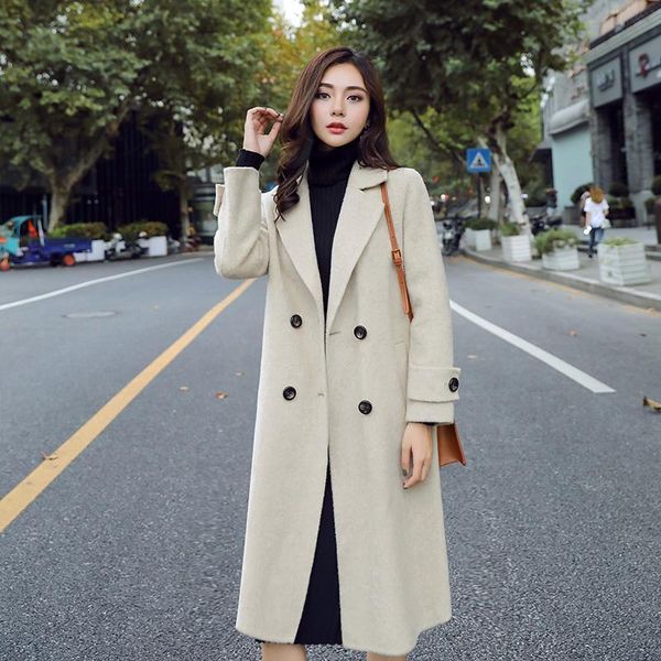 

autumn and winter new woolen coat women's plus mid-length haze blue popular over-the-knee suit casual coats women, Black
