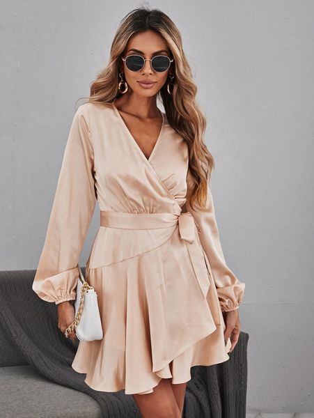 

lantern sleeve knot side ruffle hem wrap satin dress f8xl#, Black;gray