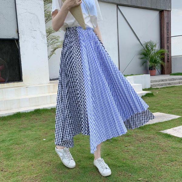 

2020 summer women plaid midi skirt ladies korean ruffles high waist skirts pleated irregular saias skirt patchwork faldas1, Black