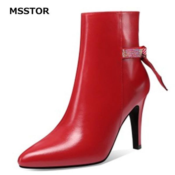 

boots butterfly-knot crystal red women pointed toe party zipper thin heel high heels shoes leather winter ankle, Black