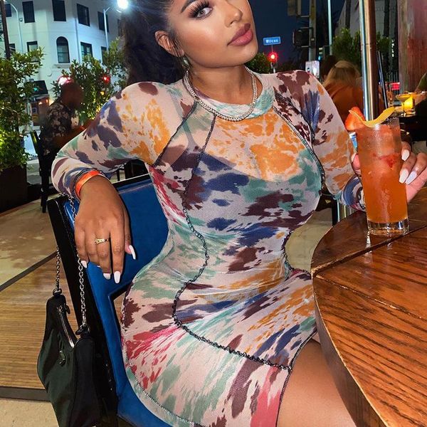 

2021 long sleeve colorful print o-neck dress women party elegant slim perspective gauze christmas club outfits, Black;gray