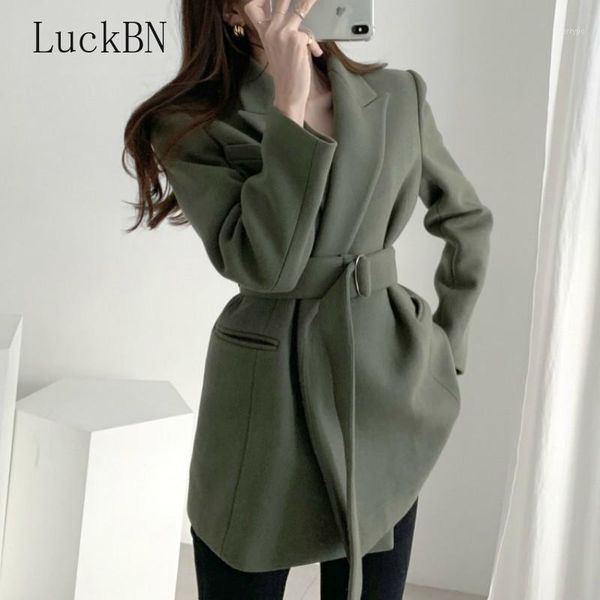 

2020 new autumn winter women clothing woolen coats sashes turn collar minimalist jacket cardigan female outwear pockets1, Black;brown
