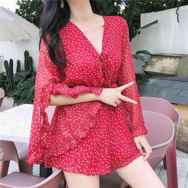 

women's jumpsuits & rompers for women 2021 v-neck polka dot summer clothing loose chiffon flare sleeve playsuits vestidos femininos, Black;white