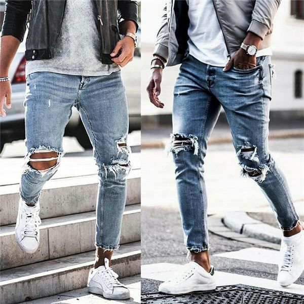 

new fashion men ripped skinny harem jeans destroyed frayed holes biker slim fit blue jeans hoome men elastic denim long trousers1
