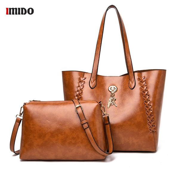 

ladies oil leather satchel tote bag 2pcs shopper bag 2020 famous luxury handbags for women large pu shoulder crossbody purse