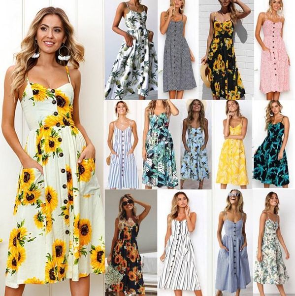 

2020 retro floral bohemian dress casual women's beach halter suspender skirt halter polka dot striped women's button dress1, Black;gray