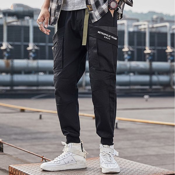 

2021 new men streetwear street japanese fashion cargo pants work wear autumn trousers skinny trouser ch1r, Black