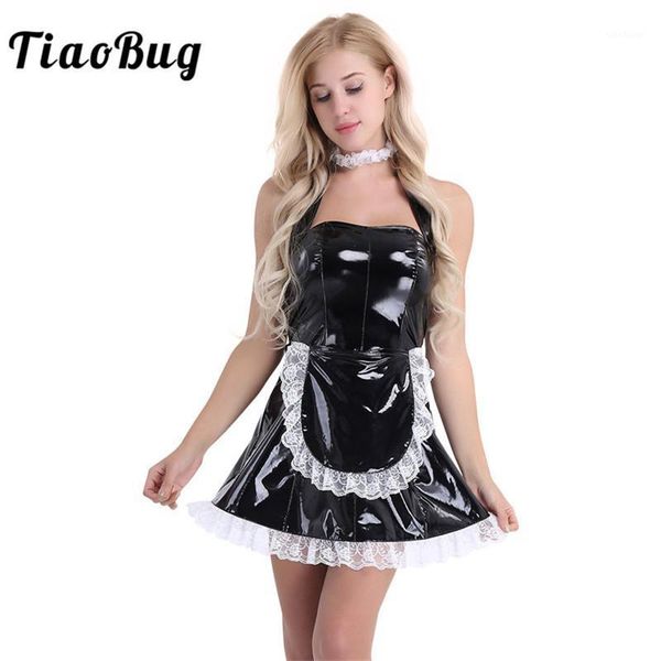 

tiaobug 3pcs women wet look patent leather cosplay costumes maidservant halter dress with apron and neck ring maid costume1, Black