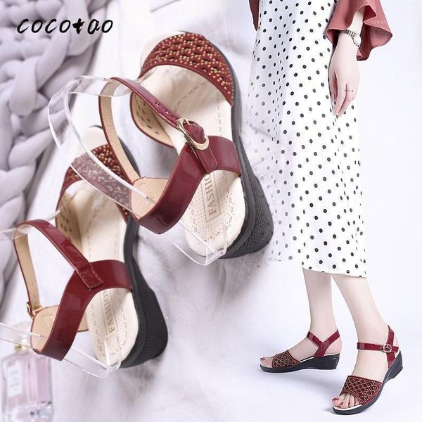 

summer new wedge heel sandals female soft bottom hollow wild heel comfortable mother sandals fish mouth shoes1, Black