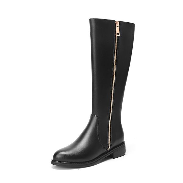

2021 new 100% cow leather women's knee high boots winter women zippers decotaion thick med heels party working shoes woman d9tp, Black