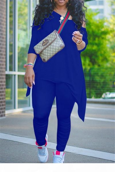 

women casual tracksuit 2020 fashion inclined shoulder irregular pleated trousers two-piece set of nightclub clothing 802, Gray