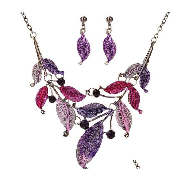 

new europe vintage party casual jewelry set women's colorful drop glaze leaves necklaces sqcgkx beauty888, Silver