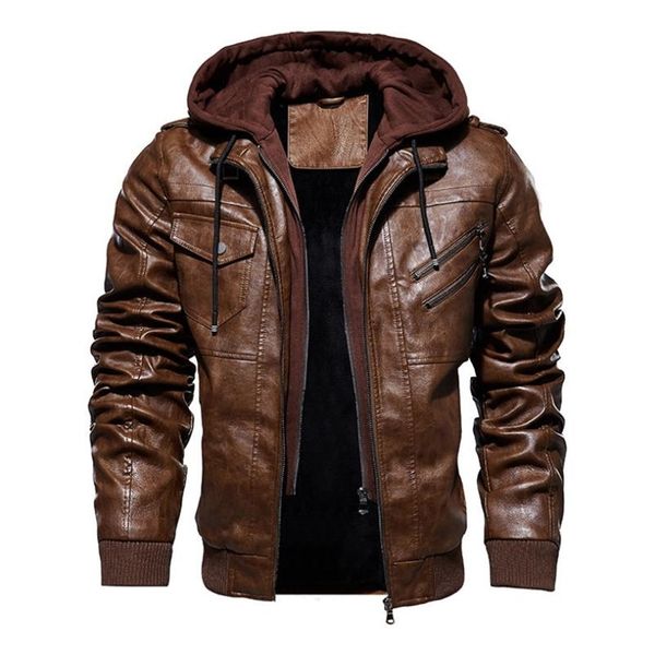

winter men's leather jacket motorcycle hooded jacket men's warm leisure pu leather coats m-4xl t200107, Black