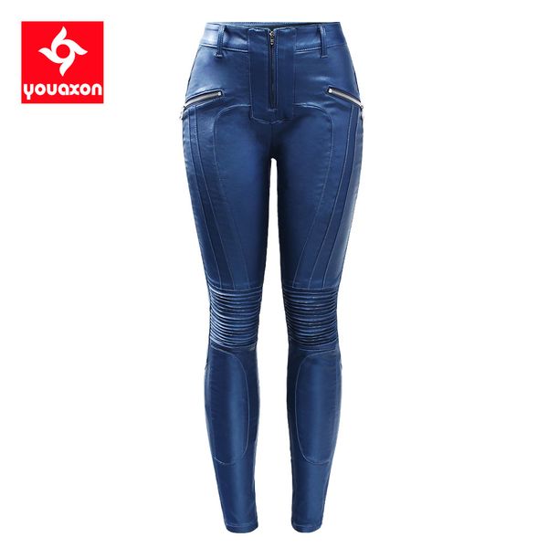 2229 Youaxon Outono Inverno Quente Veludo Motocicleta Motocicleta Pu Couro Jeans Motoras Mulheres Blue Skinny Calças Calças Para As Mulheres 201105