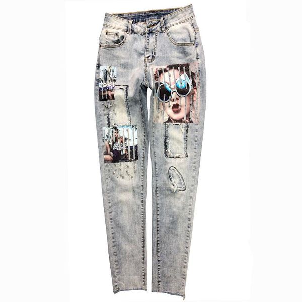 

high waist jeans women summer new fashion beading ripped personalized patch ankle length skimmy pencil jeans plus size 26-3, Blue
