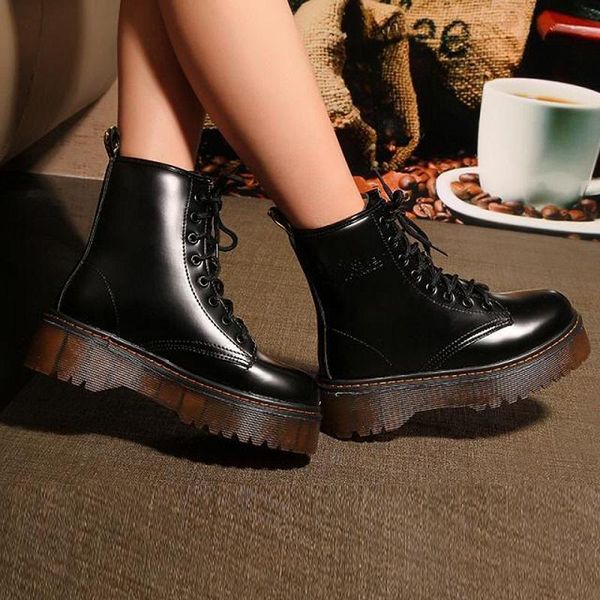 

new women girl martin boots fashion black flat shoes woman high heel platform pu leather boots lace up women shoes