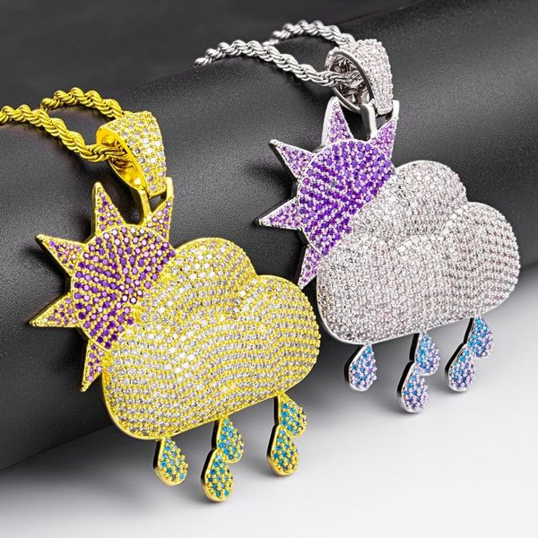 

iced out full zircon sun cloud rain pendant necklace with rope chain gold silver plated mens women hip hop jewelry gift