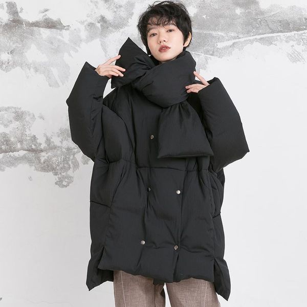 

plus size scarf style down coats winter oversized loose fluffy down coat female double breasted warm parkas f21451, Black