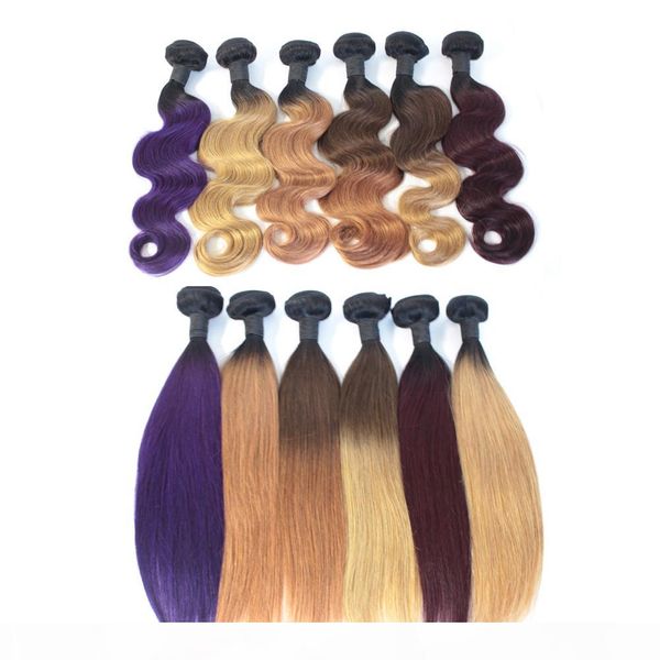 

ombre virgin hair bundles brazilian body wave human hair weave two tone weft 1b brown bloned red blue purple peruvian ombre hair, Black