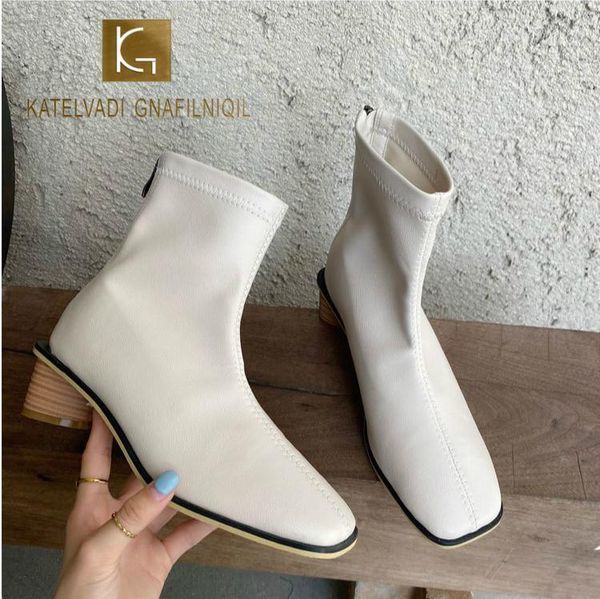 

katelvadi autumn ankle boots square toe square 4cm leather shoes women back zipper beige boots xyl-0161, Black