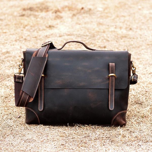 

mens full grain leather briefcase genuine cowhide business laphandbag retro shoulder messenger bags