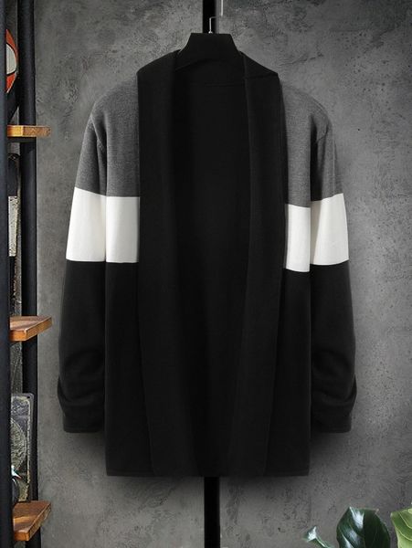 

men colorblock open front cardigan h9du#, White;black