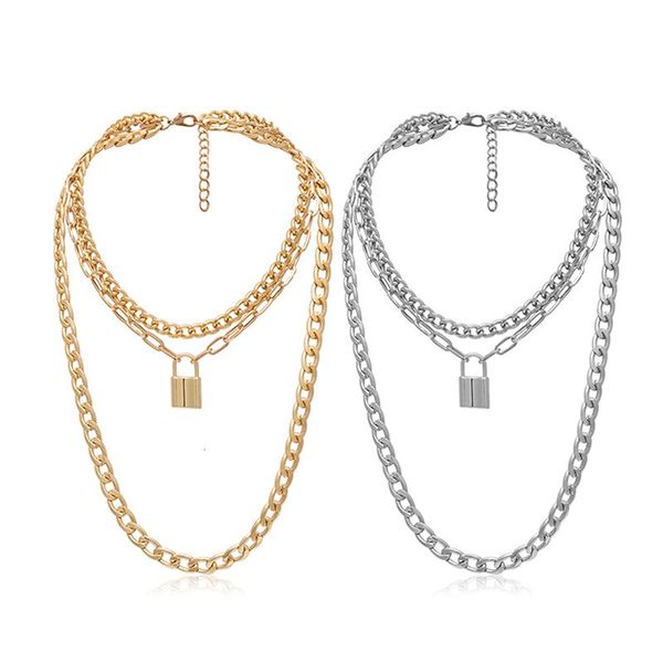 

layered punk chain necklace lock pendant necklace women men choker metal padlock chains goth jewelry grunge aesthetic accessory, Silver