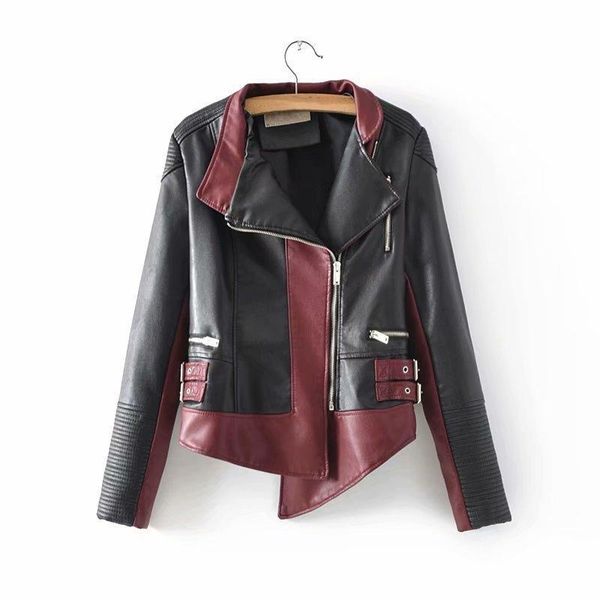 

women's leather & faux arrival women fashion match color pu outwear casual buckle zipper jacket slim fit woman coats, Black