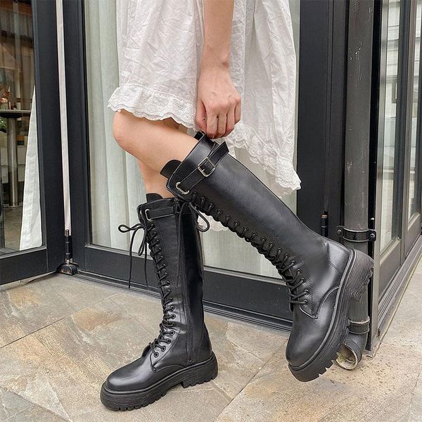 

women mid calf boots ladies pu leather shoes female non slip autumn fashion thick bottom motorcycle long boots new woman lace up, Black