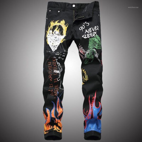 

streetwear denim pants men fashion graffiti print jeans slim fit pencil pants casual letter printing trousers male1, Blue