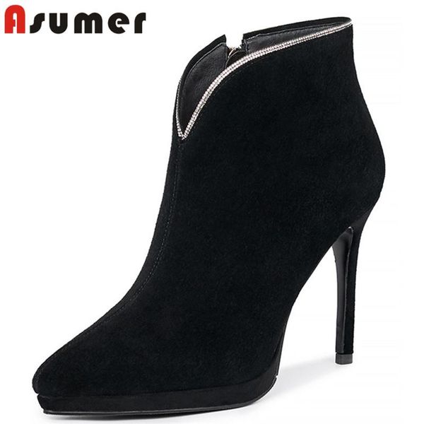 

boots asumer 2021 arrive party wedding shoes women ankle pointed toe thin high heel ladies genuine leather, Black