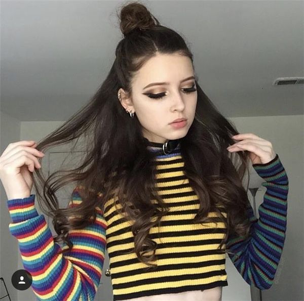 

harajuku striped sweater women vintage punk block color rainbow multicolored cropped knit short pull sweaters winter sweater, White;black