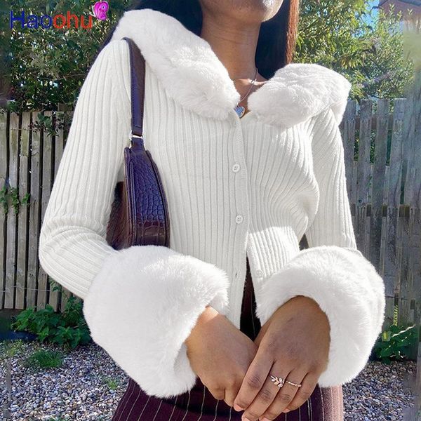 

women's jackets haoohu patched ribbed knit button jacket women autumn with fur warm winter female long sleeve outwear1, Black;brown