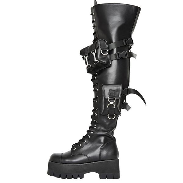 

japanese harajuku platform chunky heel cosplay women black leather buckle straps lace up gothic punk high boots round toe q1104