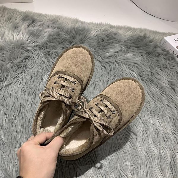 

eoeodoit plus size thick cotton shoes women winter anti skid lace up snow shoes flat heel round toe female casual flats, Black