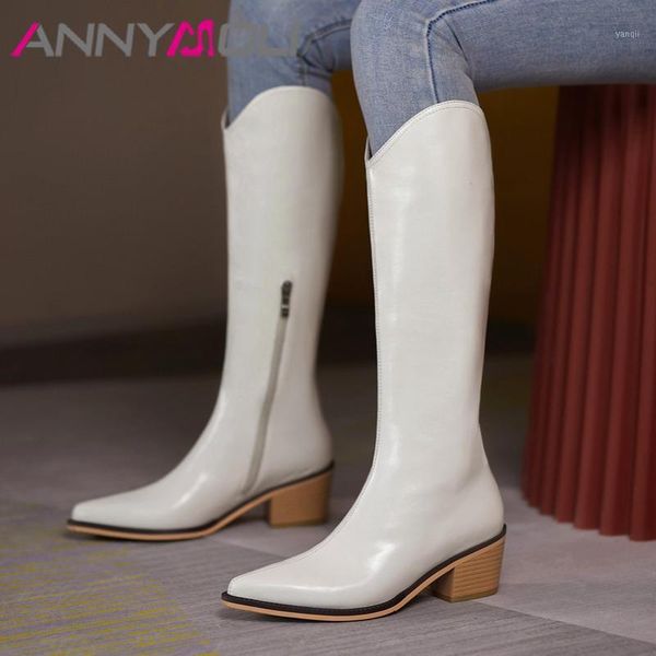 

boots annymoli real leather high heel knee women westren shoes pointed toe zip thick heels long autumn winter1, Black
