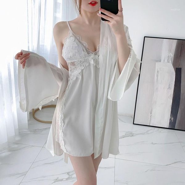

white lace satin patchwork kimono robe gown set women nightwear suit v-neck hollow out nightdress casual rayon home dress1, Black;red