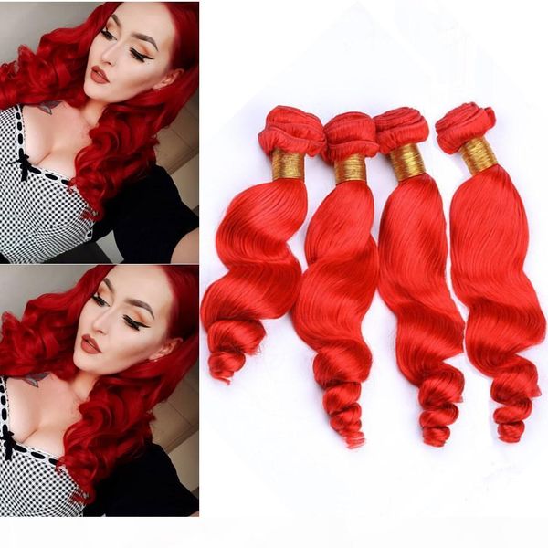 

pure red loose wave brazilian human hair 4bundles double wefts bright red loose wavy virgin human hair weaves 10-30" mixed length, Black;brown
