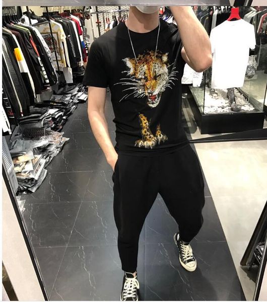 

2021 new men's t-shirt summer fashion o net red tiger head drilling slim mercerized cotton short sleeve 5yco, White;black