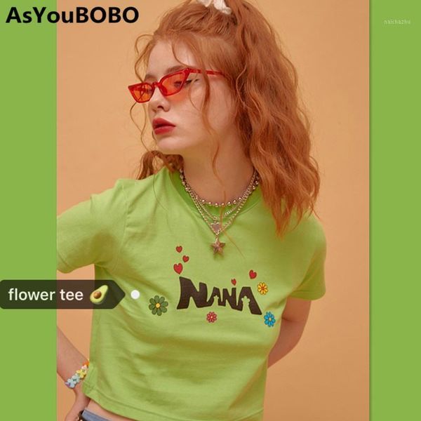 

harajuku vintage ins cotton nana floral pattern printting pink white green color short sleeve crop tee tshirts yq-10181